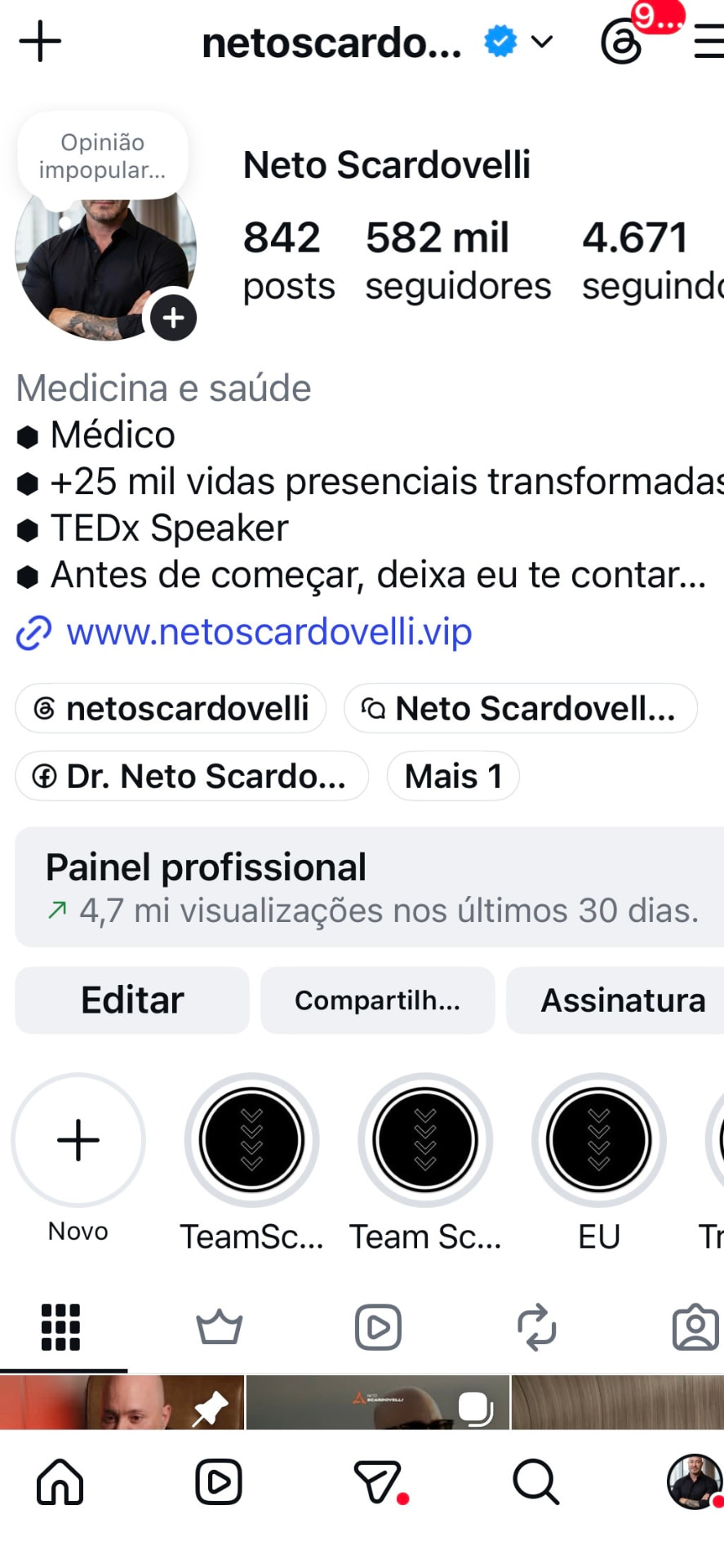 Perfil de Neto Scardovelli nas redes sociais, com mais de 500 mil seguidores